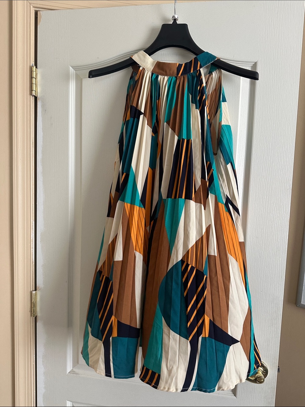 Geometric Pleated Midi Dress in Teal, Brown & Cream
